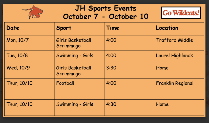 JH Sports Events - October 7 - October 10